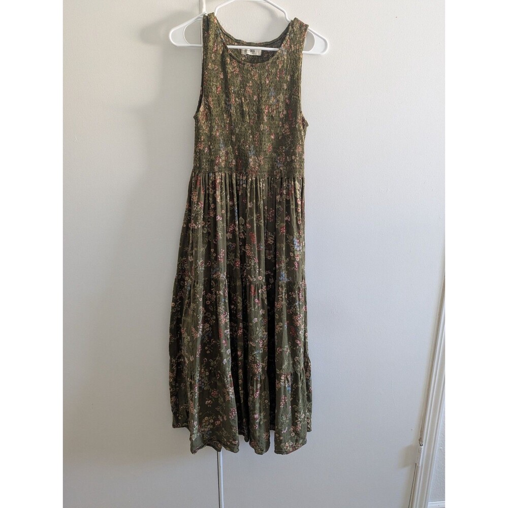 Natural Life Olive Green Floral Smocked Tiered Maxi Dress Emmie sz S cottagecore
